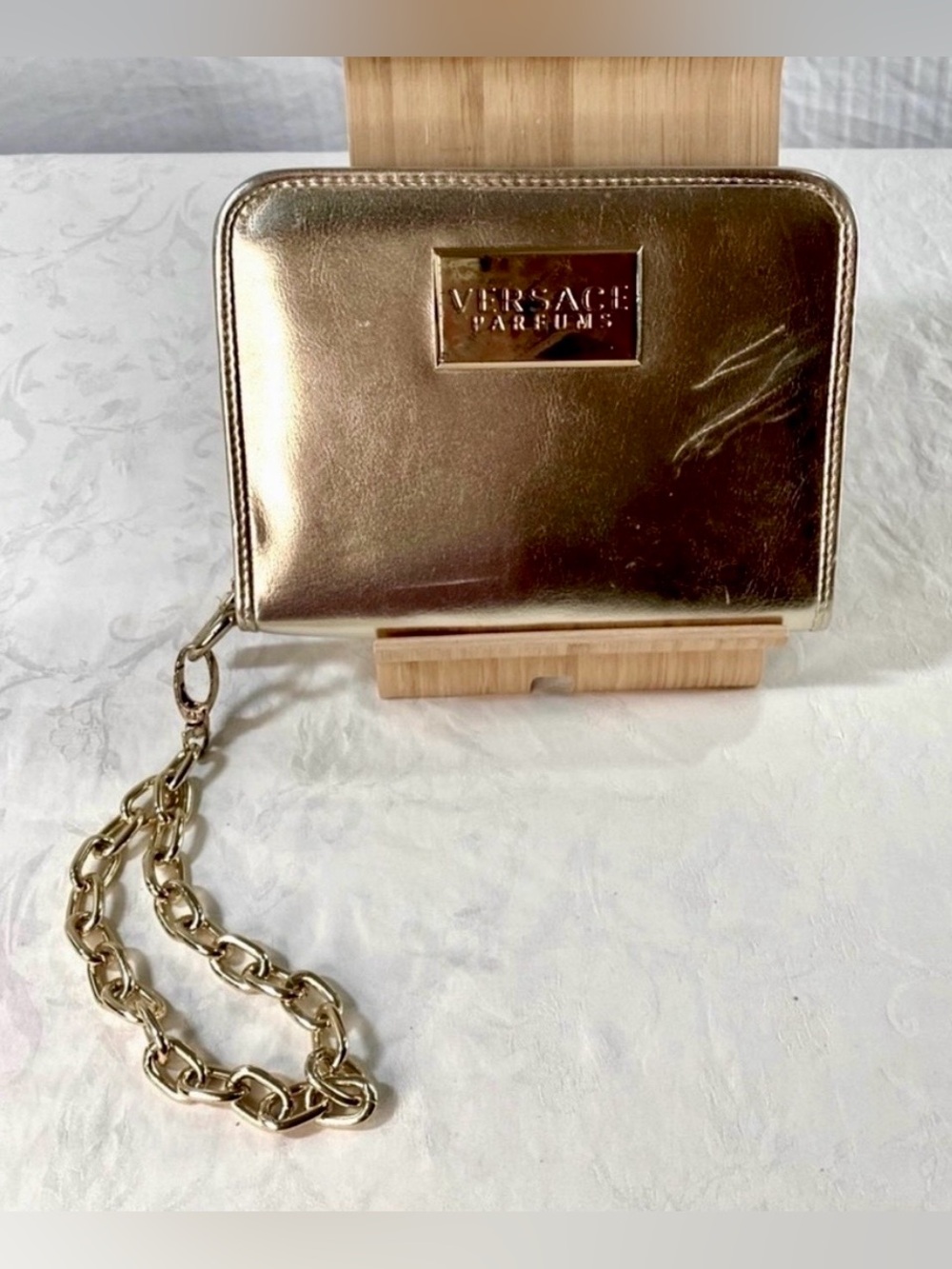 Versace Parfums Gold Metallic Zip-Around Wallet Clutch Wristlet Organiser wChain